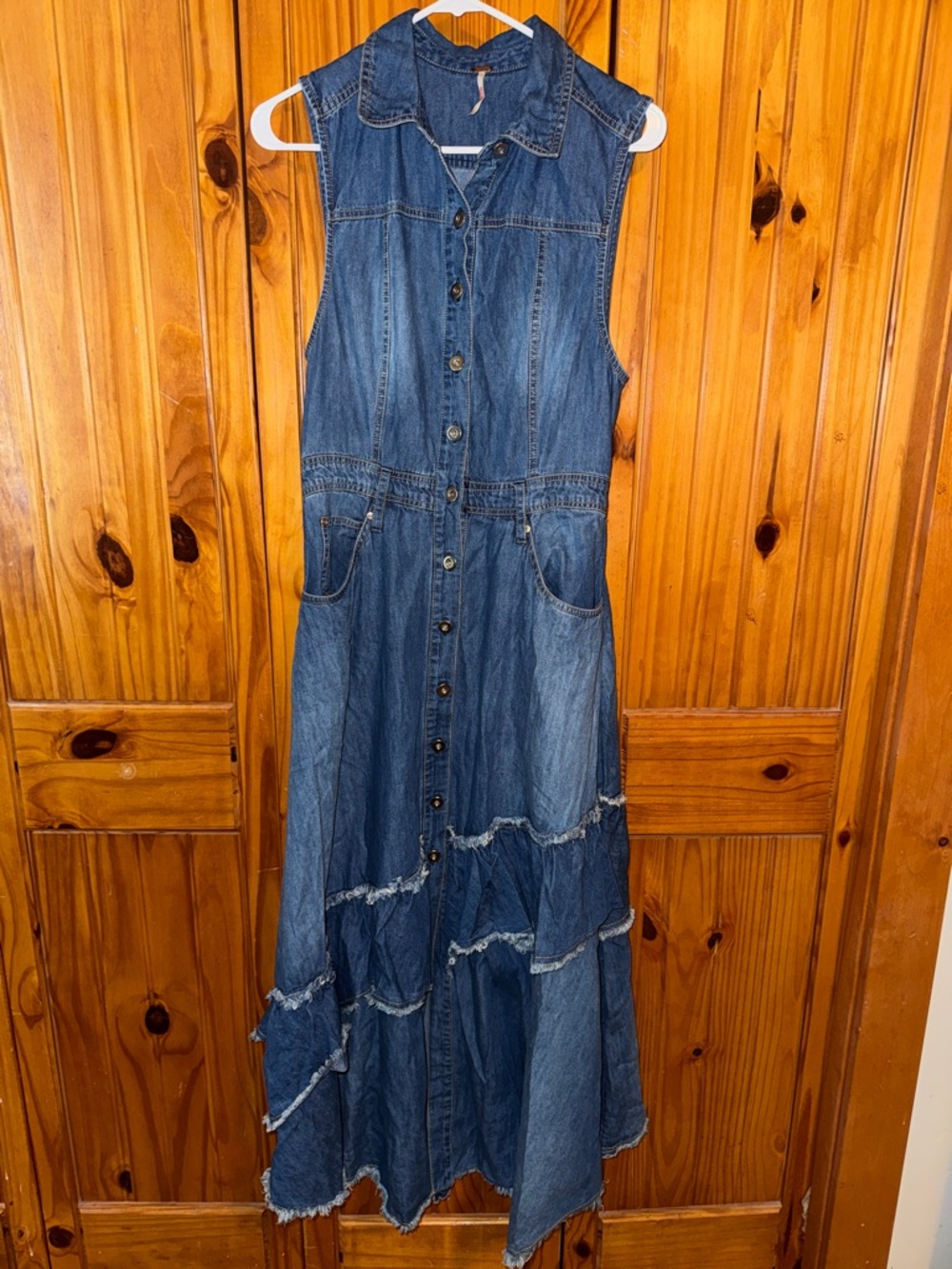 Free People Blue Sleeveless Denim Button-Front Maxi Dress